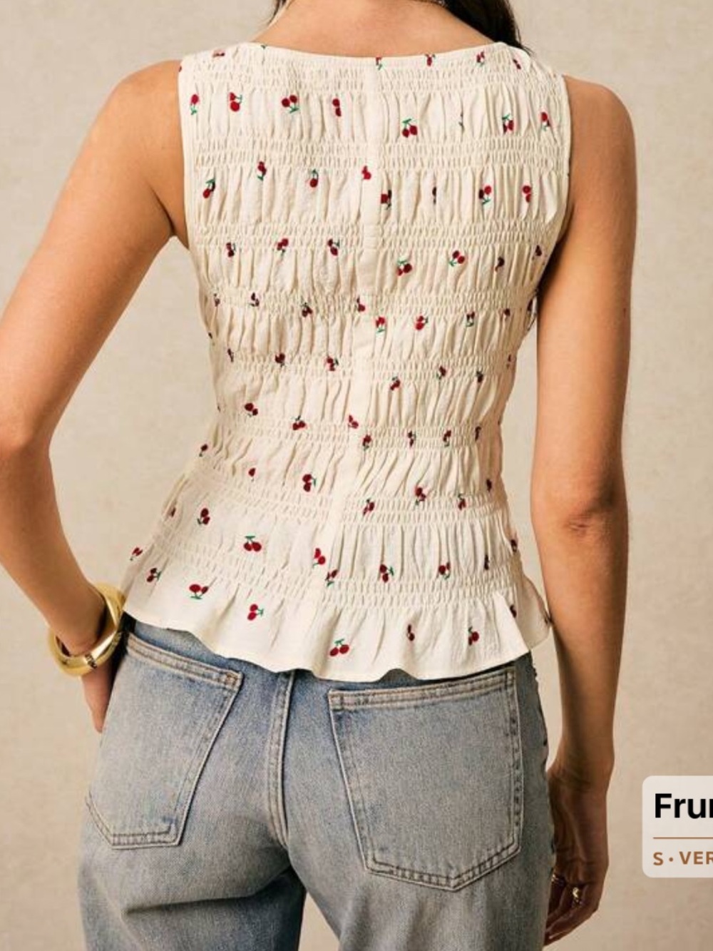 SHEIN Poeselle Cream Smocked Ruffle Sleeveless Top with Cherries Size L - Picture 2 of 7